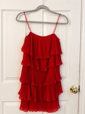 Red Tiered Ruffle Spaghetti Strap Dress